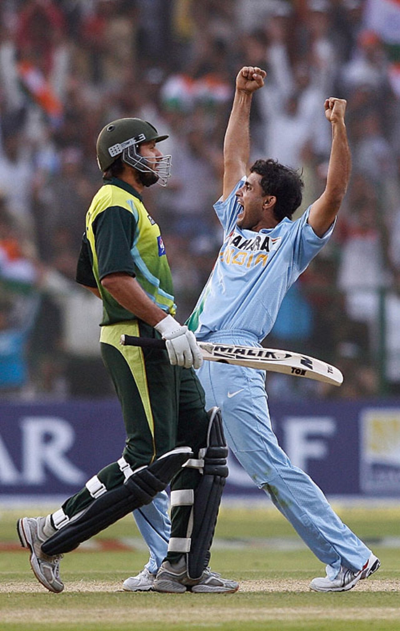 Sourav Ganguly celebrates the wicket of Shahid Afridi, India v Pakistan, 4th ODI, Gwalior, November 15, 2007