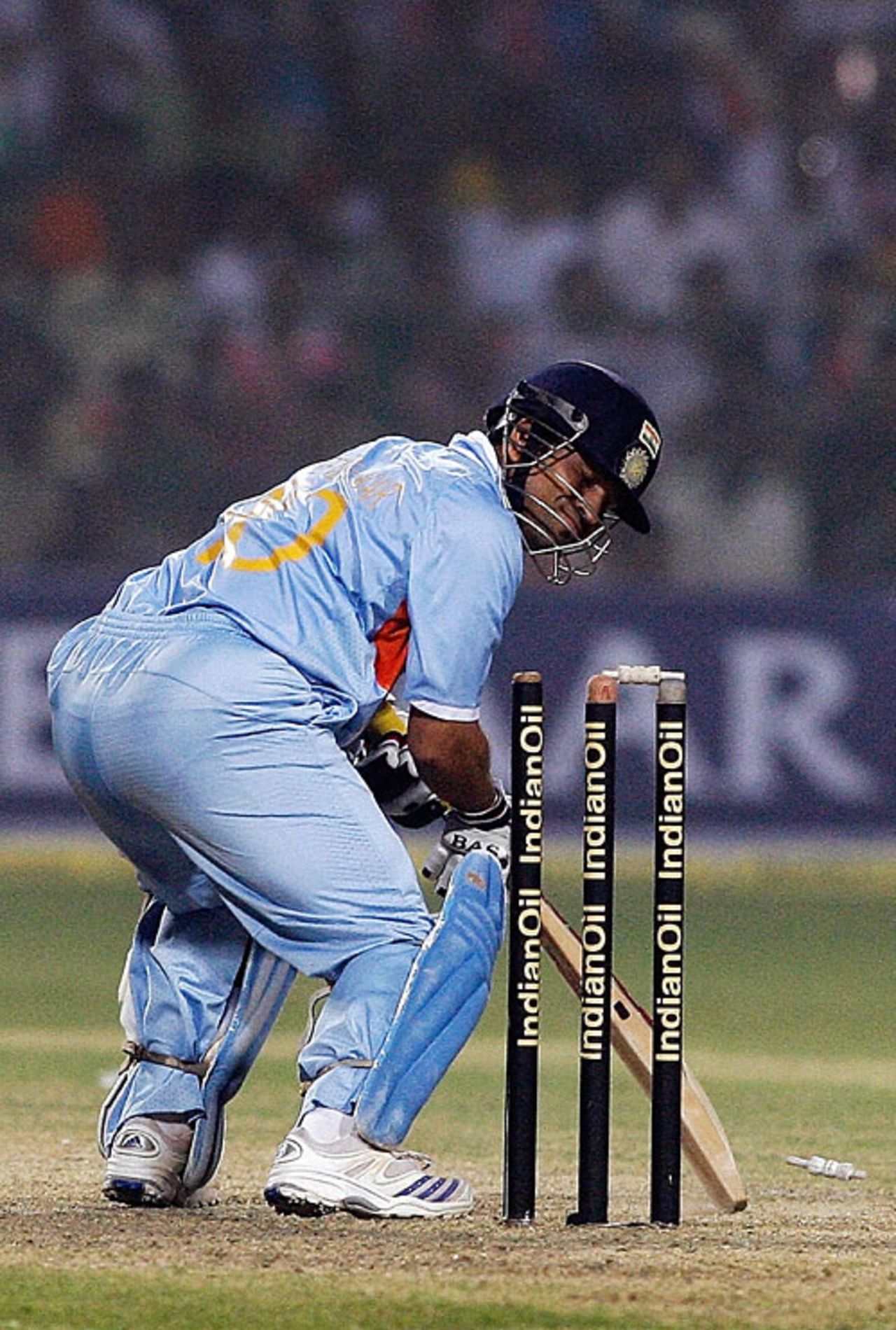 Sachin Tendulkar looks back at his rearranged stumps , India v Pakistan, 4th ODI, Gwalior, November 15, 2007