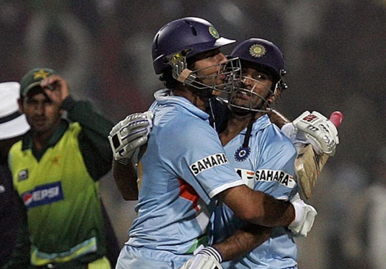 Mahendra Singh Dhoni and Yuvraj Singh embrace after completing the win in Gwalior, India v Pakistan, 4th ODI, Gwalior, November 15, 2007
