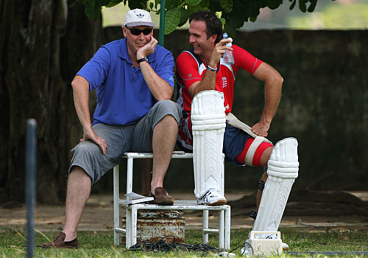 Angus Fraser and Michael Vaughan share a joke during a training session, Colombo, November 17, 2007