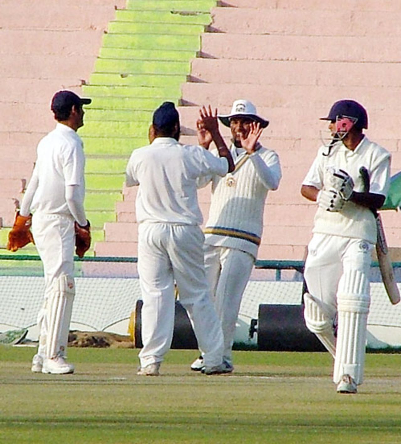 Punjab celebrate after Birinder Singh bowled Anoop Pai for 2, Punjab v Hyderabad, Ranji Super League, 2nd round, Mohali, 3rd day, November 17, 2007
