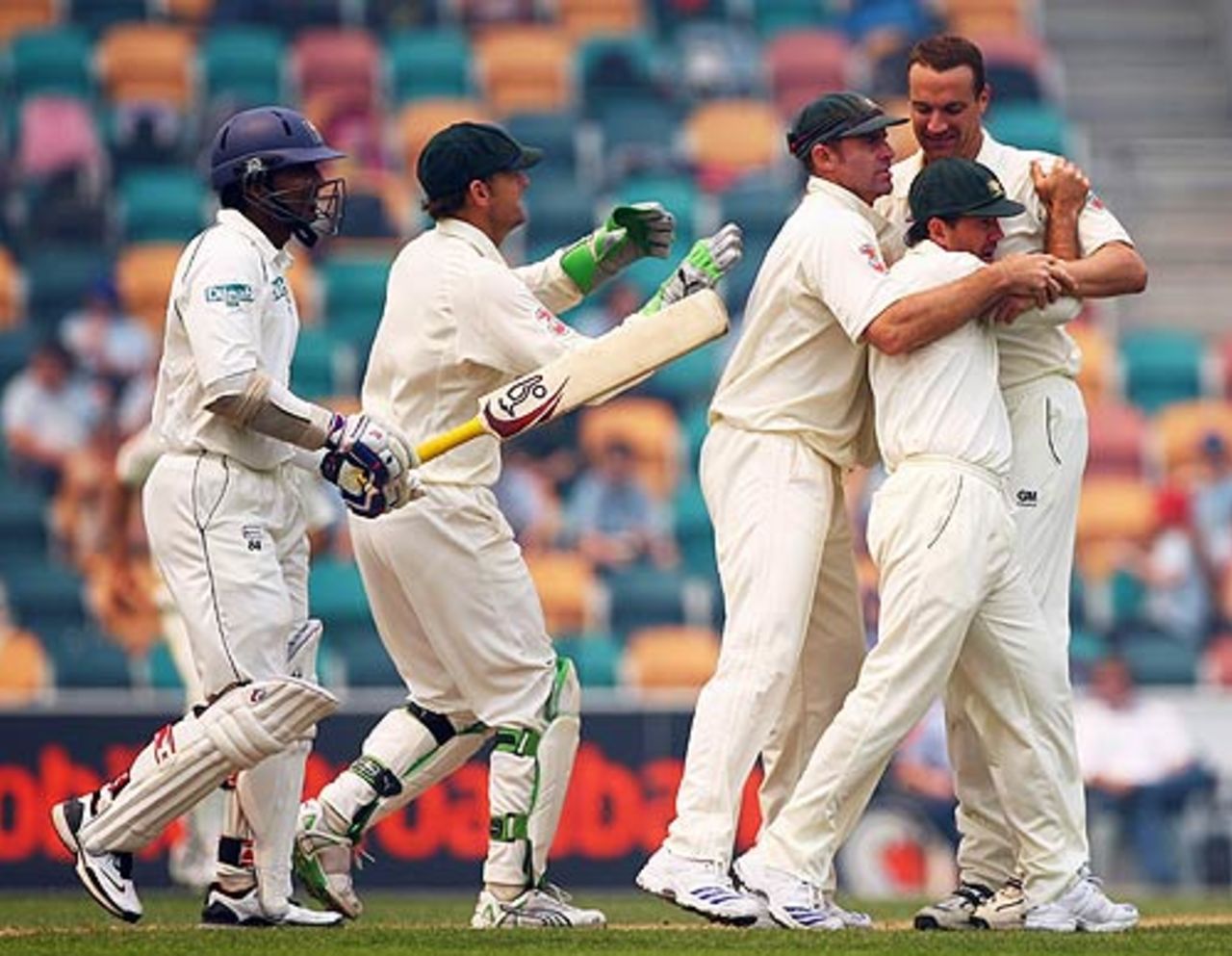 Stuart Clark is congratulated after removing Kumar Sangakkara, who was unlucky to be given out caught off his shoulder, Australia v Sri Lanka, 2nd Test, Hobart, 5th day, November 20, 2007