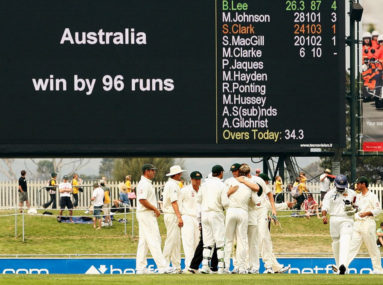 Australia celebrate their 96-run win at Bellerive Oval, Australia v Sri Lanka, 2nd Test, Hobart, 5th day, November 20, 2007