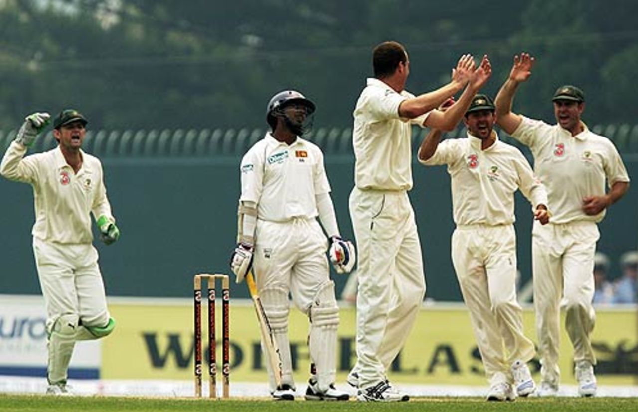 Stuart Clark is relieved after removing Kumar Sangakkara, Australia v Sri Lanka, 2nd Test, Hobart, 5th day, November 20, 2007