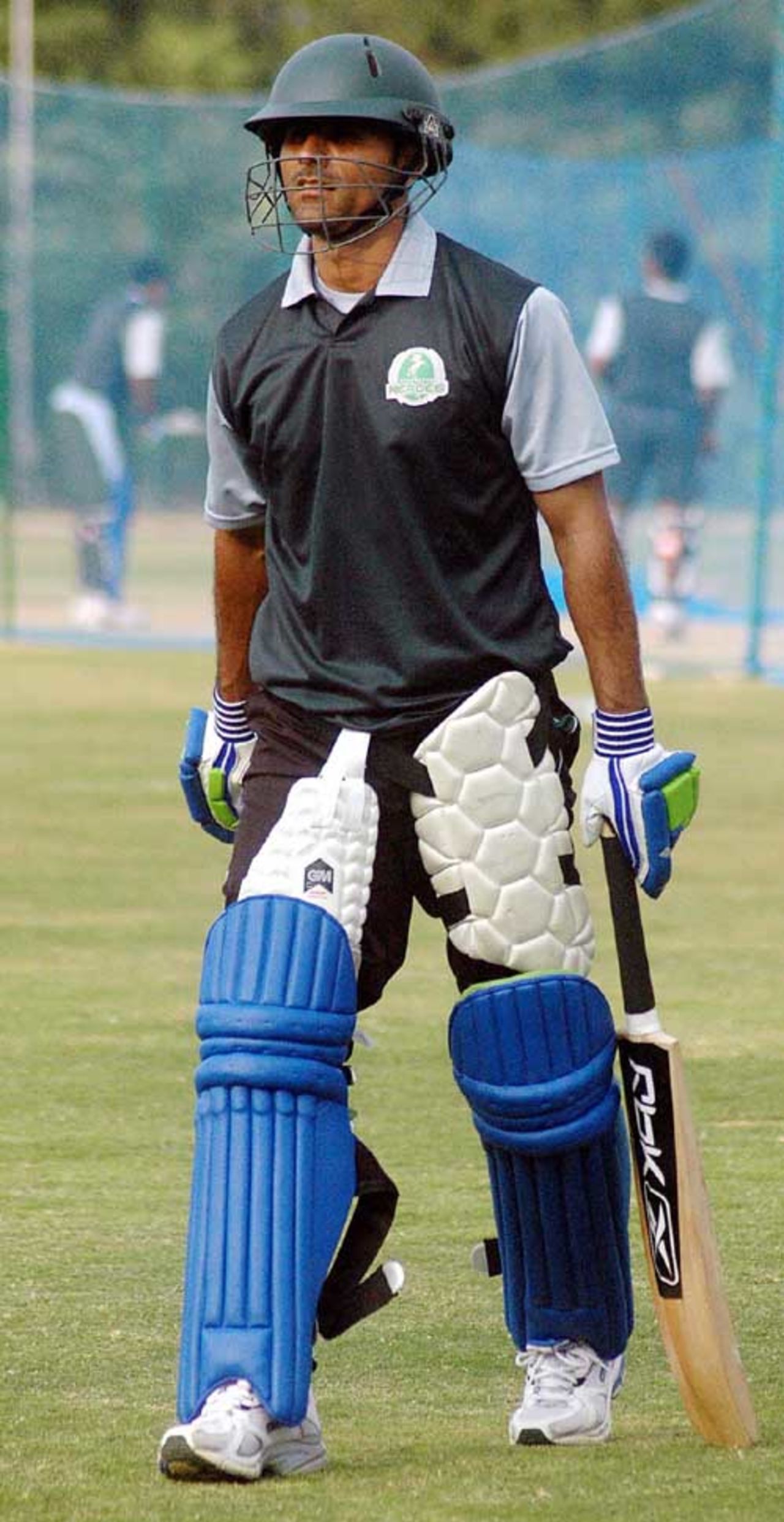 Abdul Razzaq pads up to bat at an ICL training camp in a resort near Hyderabad, November 20, 2007