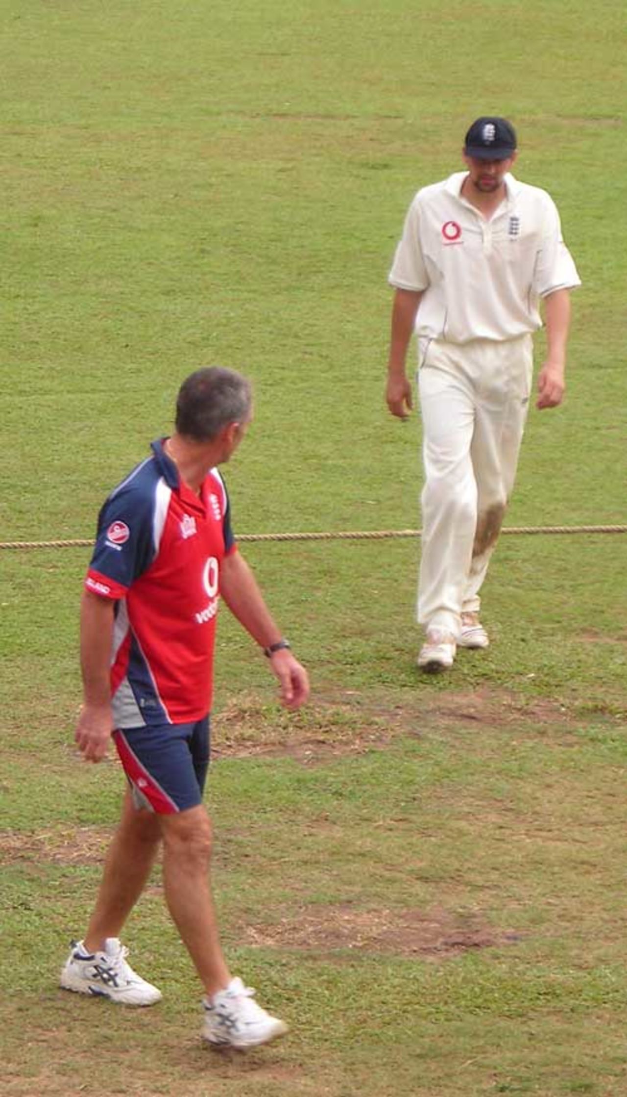 Steve Harmison leaves the field to collect his bowling boots after they were delayed in Dubai, Sri Lanka Cricket Board President's XI v England XI, Colombo, November 21, 2007