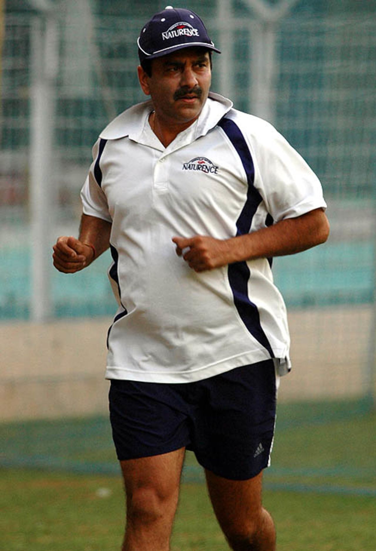 Manoj Prabhakar, Delhi's bowling coach, jogs during a practice session at the Wankhede Stadium ahead of the Ranji Trophy tie against Mumbai, November 21, 2007