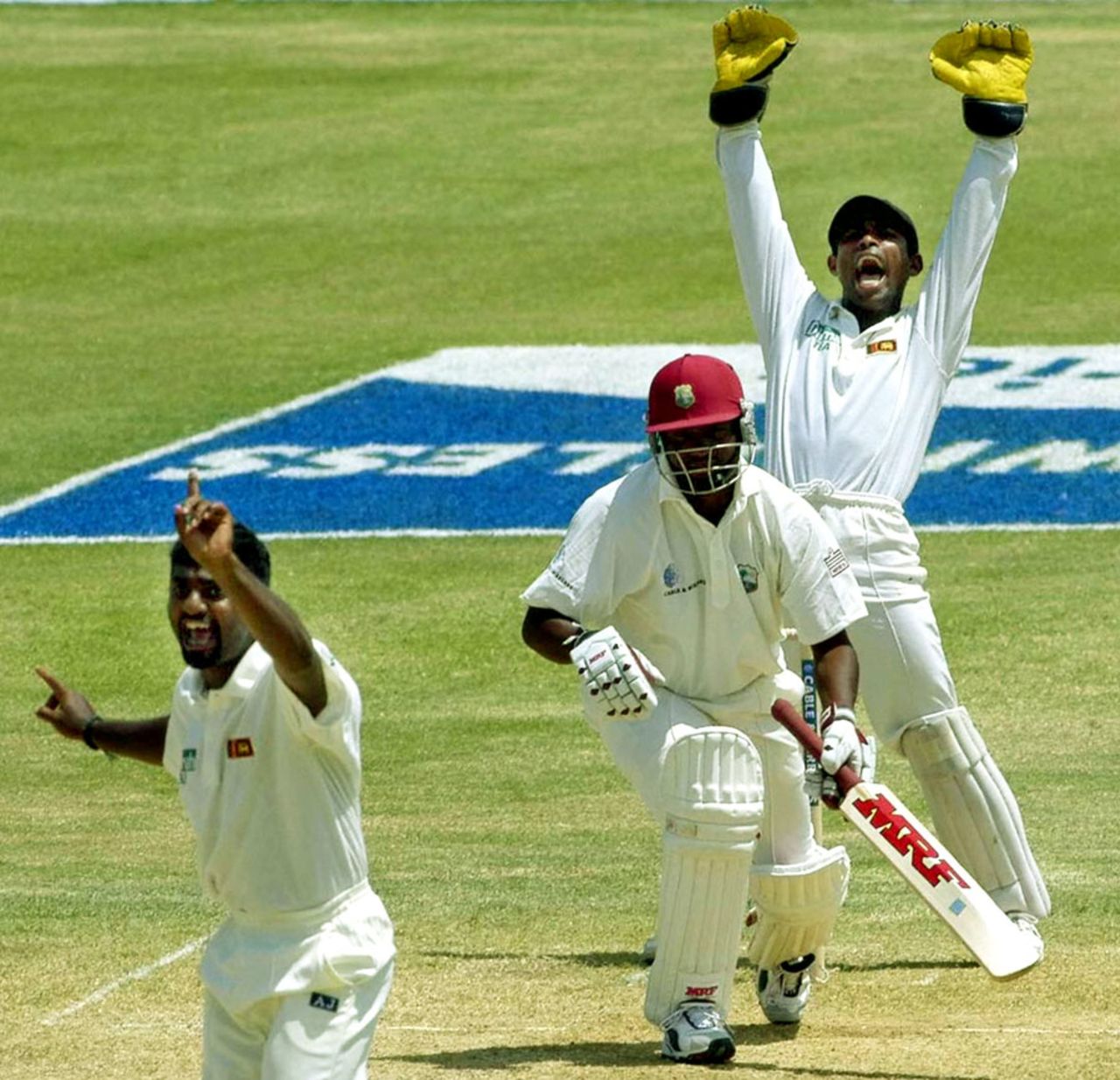 Muttiah Muralitharan appeals for the wicket of Brian Lara, West Indies v Sri Lanka, 2nd Test, Jamaica, June 29, 2003
