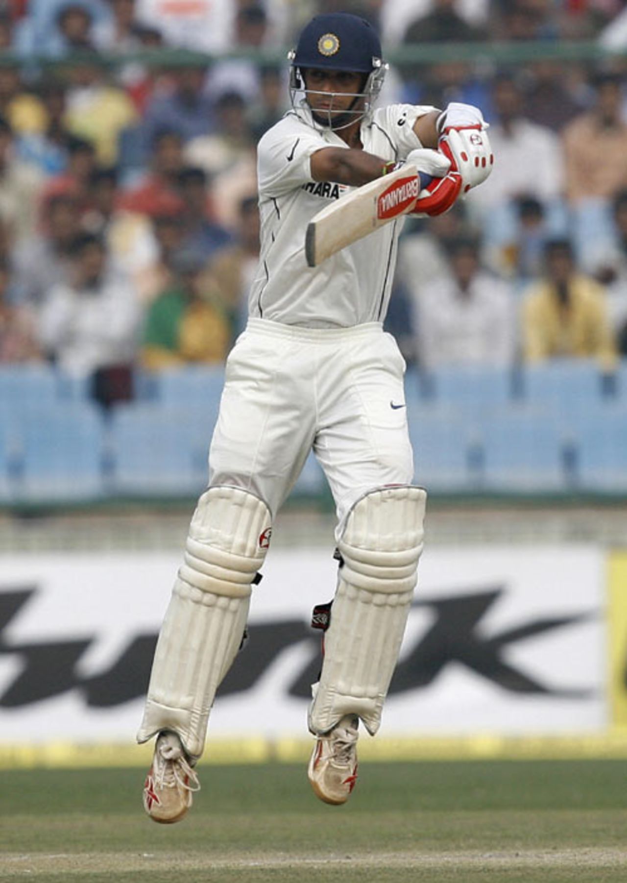 Rahul Dravid is airborne as he cuts the ball, India v Pakistan, 1st Test, Delhi, 4th day, November 25, 2007