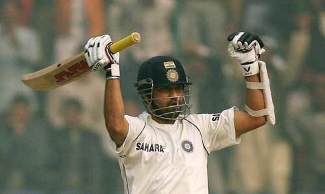 Sachin Tendulkar celebrates after reaching his half-century, India v Pakistan, 1st Test, Delhi, 5th day, November 26, 2007
