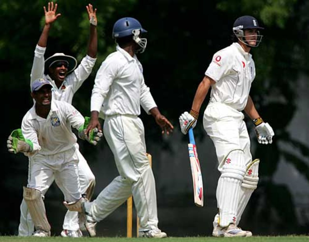The Sri Lankans appeal successfully for Alastair Cook's wicket, SL Board President's XI v England XI, Colombo, November 26, 2007