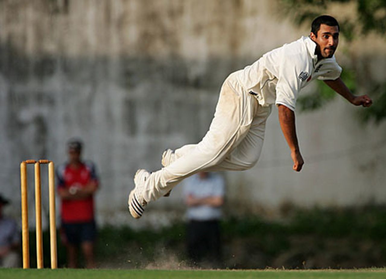 Ravi Bopara, airborne in his follow-through, SL Board President's XI v England XI, Colombo, November 26, 2007