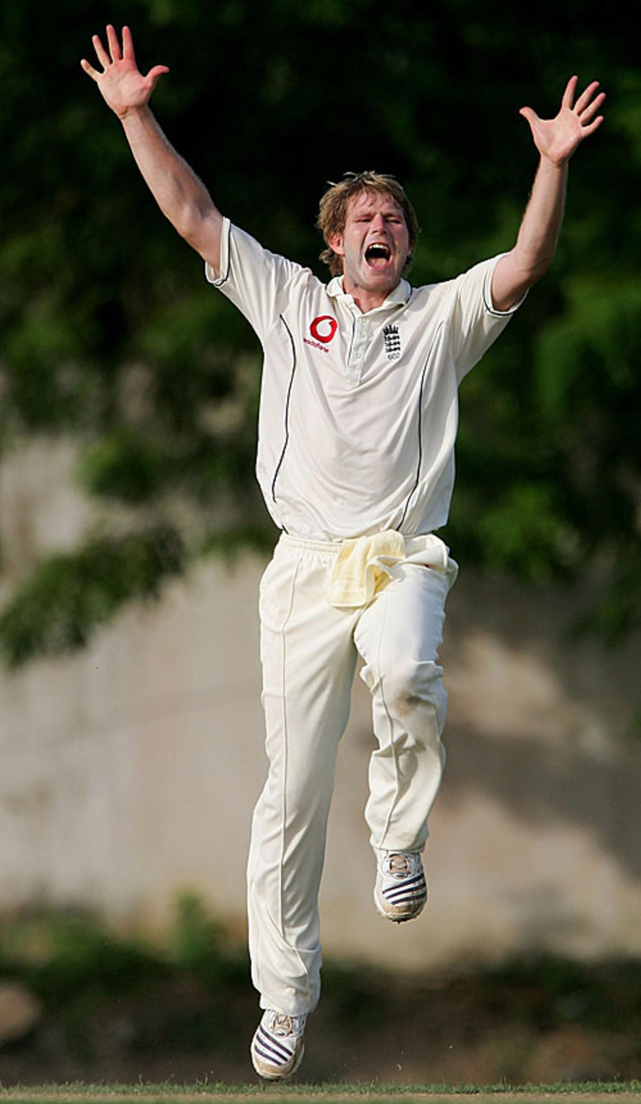 Matthew Hoggard leaps in the air to celebrate one of his five wickets, SL Board President's XI v England XI, Colombo, November 26, 2007