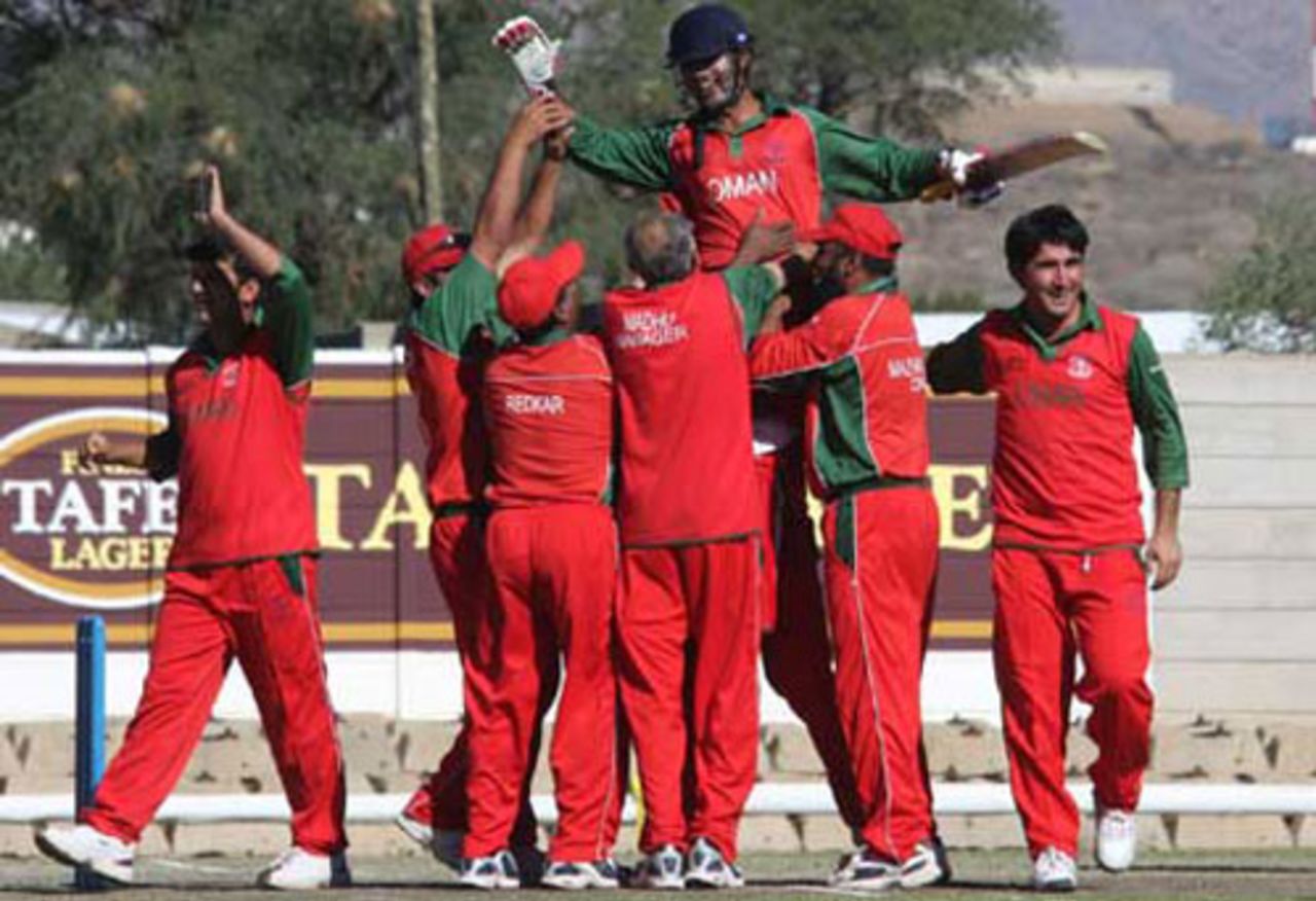 Vaibhav Wategaonkar is hoisted off the field after Oman's two-wicket win over Namibia , Namibia v Oman, World Cricket League Division Two, Windhoek, November 27, 2007