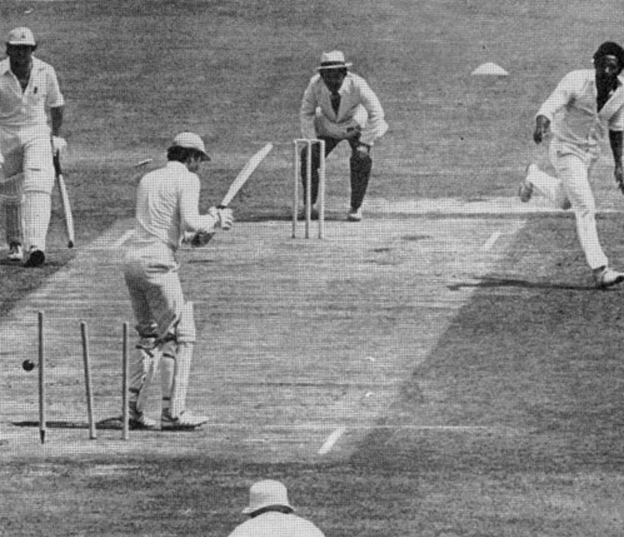 Greg Chappell is bowled by Andy Roberts for 0, WSC Australians v WSC World XI, 4th Supertest,  RAS Showground, Sydney, January 16, 1978 