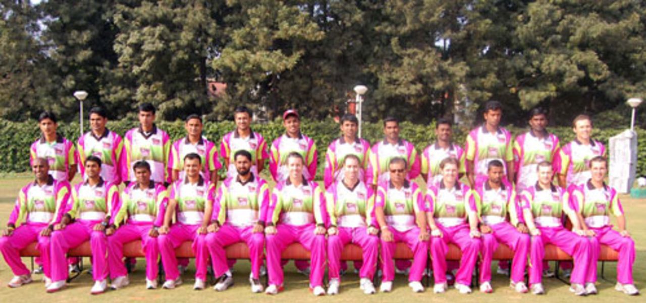 The Chennai Superstars team pose for photographers at the trophy unveiling ceremony, ICL 20-20 Indian Championship, Panchkula, November 30, 2007