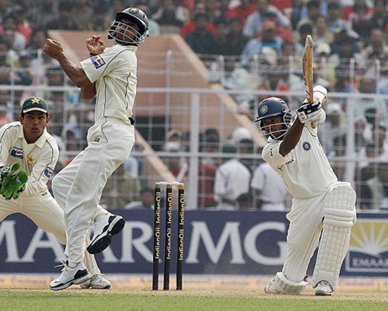Yasir Hameed jumps out of the way of a Wasim Jaffer drive, India v Pakistan, 2nd Test, Kolkata, 1st day, November 30, 2007
