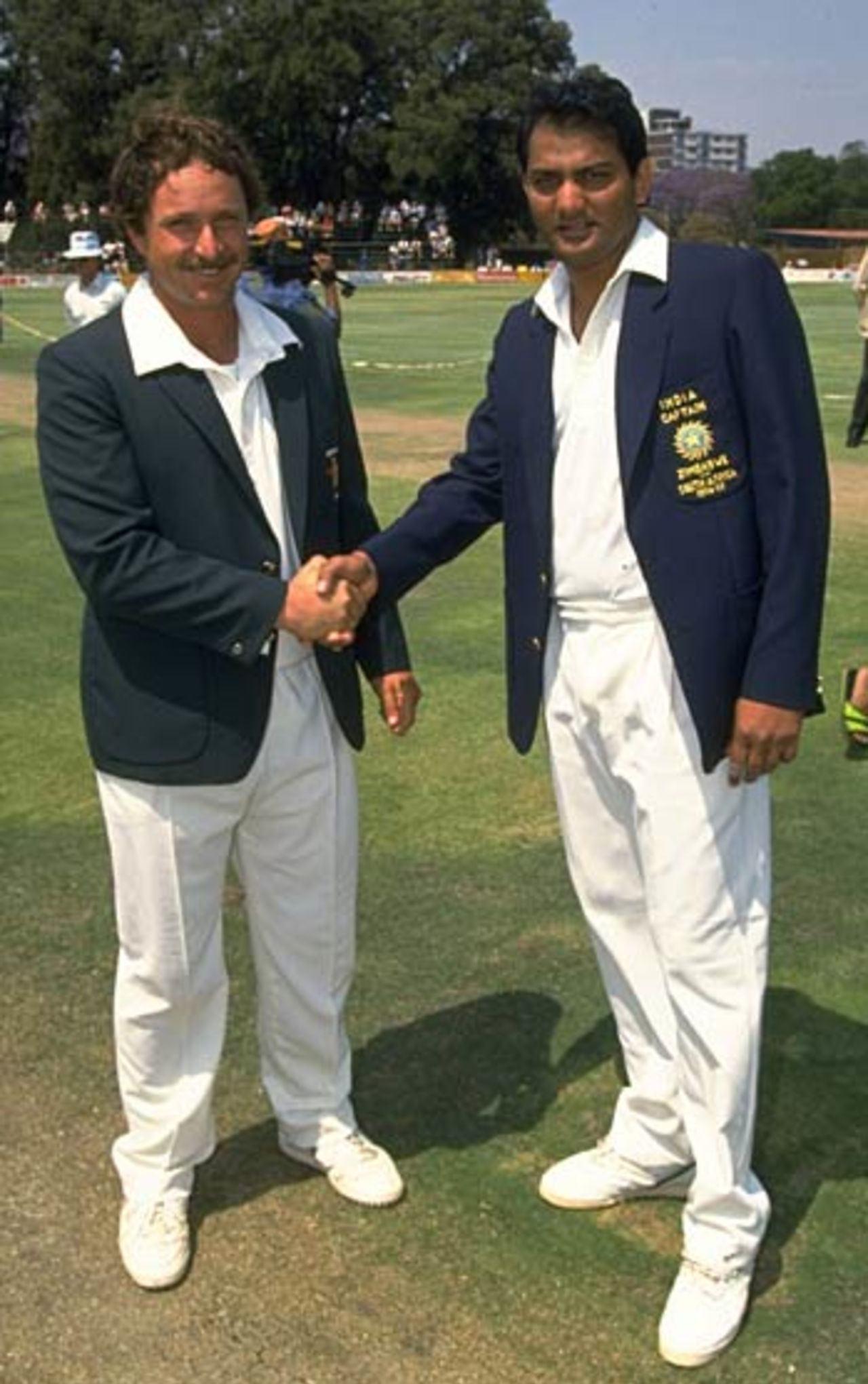 Dave Houghton and Mohammad Azharuddin shake hands ahead of the first Test between Zimbabwe and India, Harare, 1992