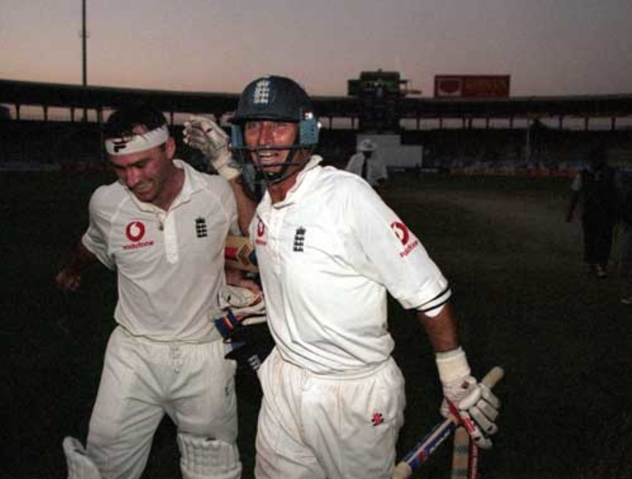 Graham Thorpe and Nasser Hussain of England celebrate victory during the third Test match against Pakistan played at the National Stadium, in Karachi, Pakistan