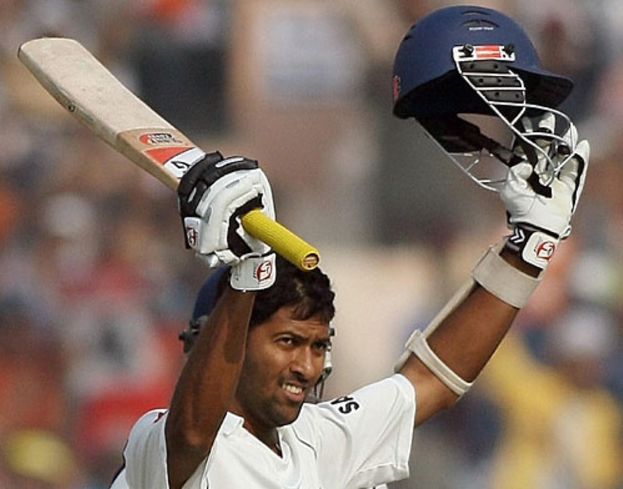 Wasim Jaffer raises the bat after reaching his double century, India v Pakistan, 2nd Test, Kolkata, 2nd day, December 1, 2007