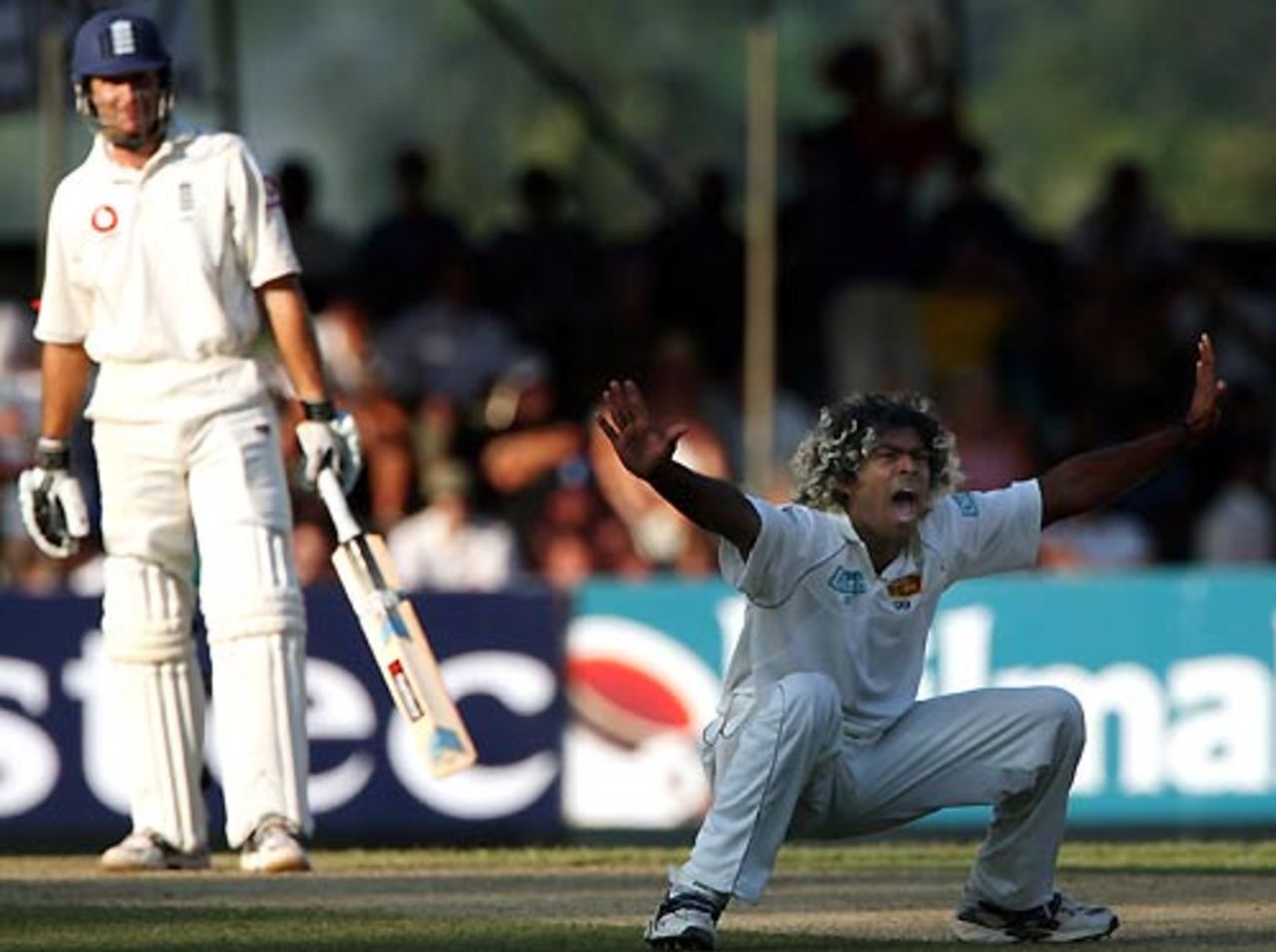 Lasith Malinga appeals in vain for the wicket of Michael Vaughan, Sri Lanka v England, 1st Test, Kandy, December 1, 2007