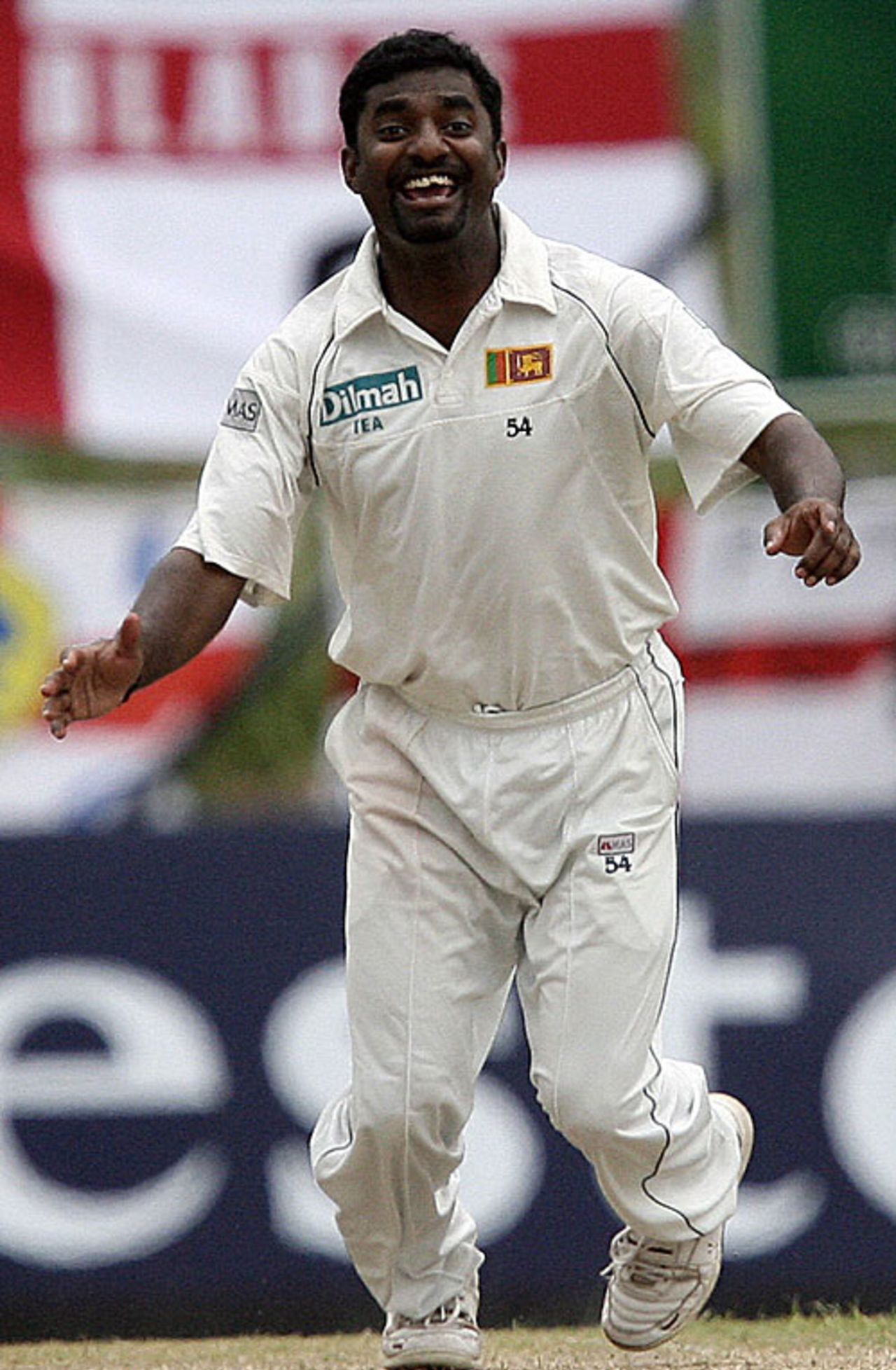 Muttiah Muralitharan celebrates another wicket on the second day at Kandy, Sri Lanka v England, 1st Test, Kandy, December 2, 2007