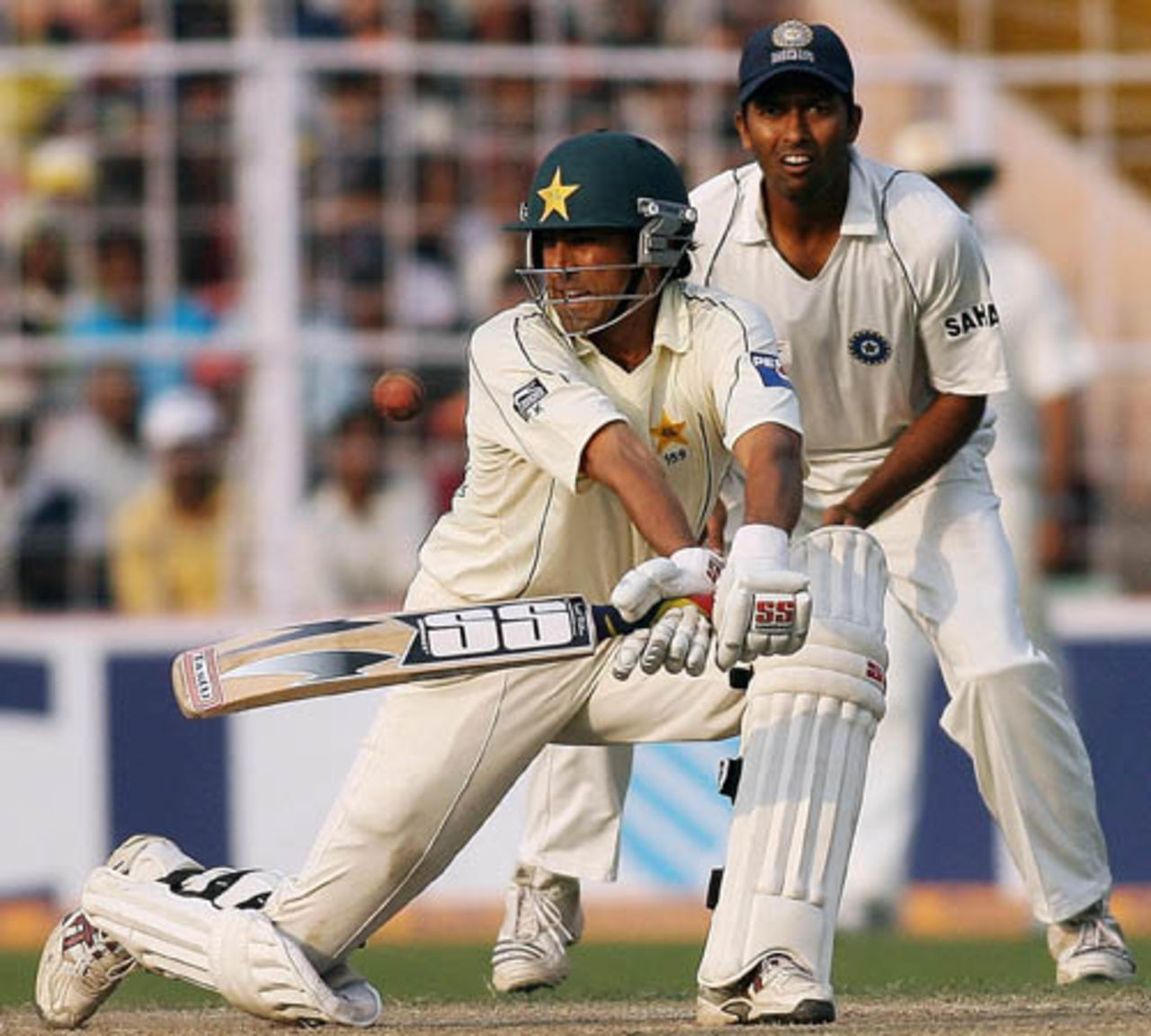Wasim Jaffer watches as Younis Khan tries the reverse-sweep, India v Pakistan, 2nd Test, Kolkata, 5th day, December 4, 2007