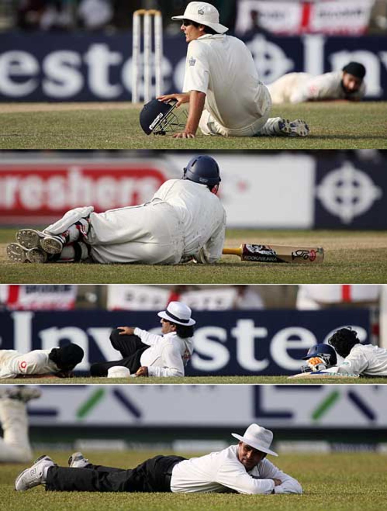 Players and umpires dive for cover as swarm of bees crosses the ground, Sri Lanka v England, 1st Test, Kandy, December 4, 2007