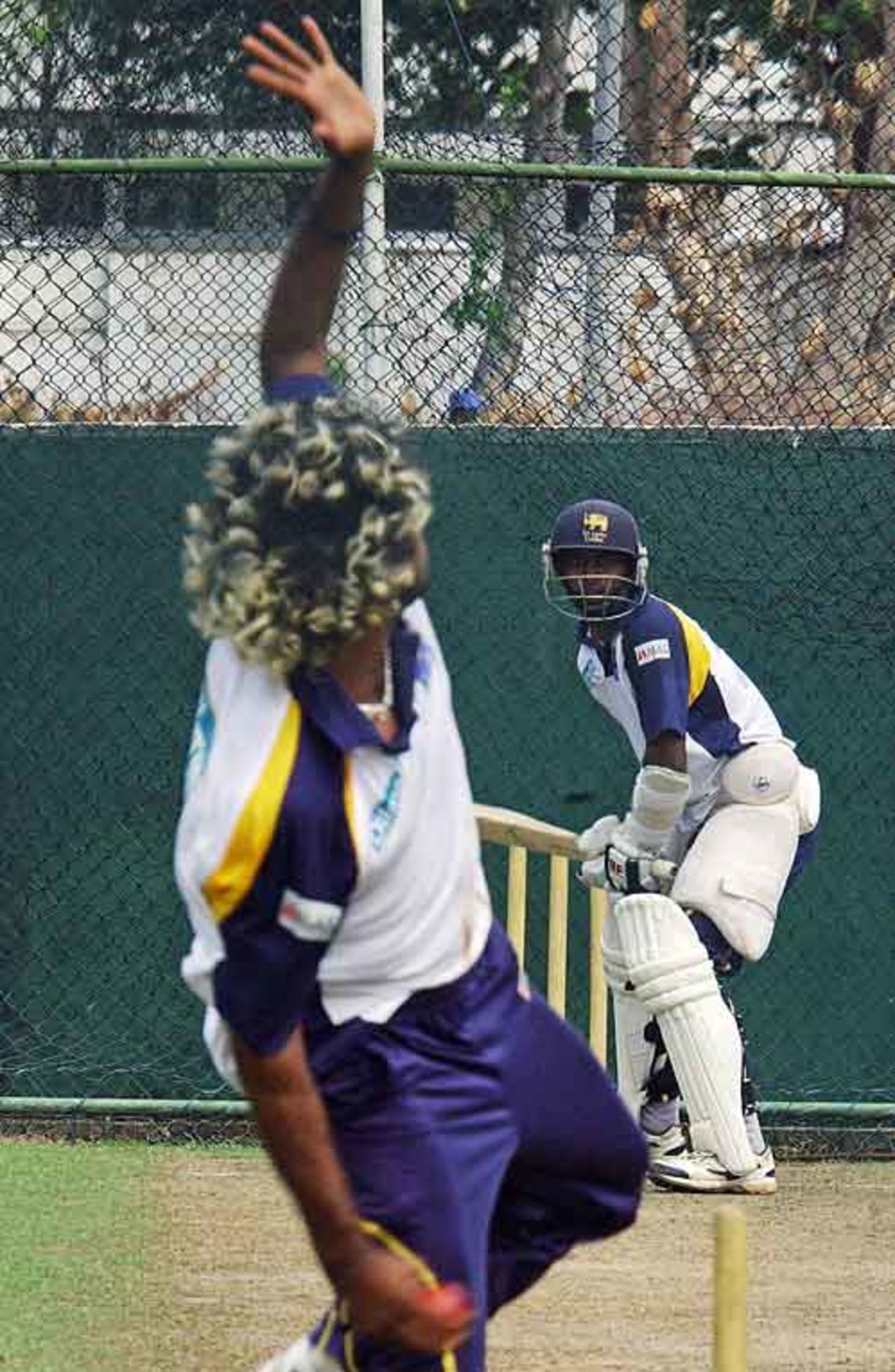 Lasith Malinga bowls to Chamara Silva during a net session, Colombo, December 7, 2007