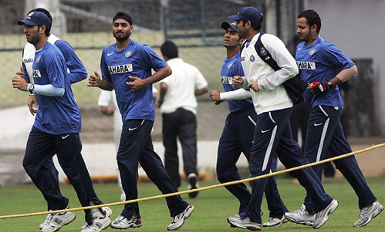 The Indian players have a jog at the Chinnaswamy Stadiume, Bangalore, December 7, 2007