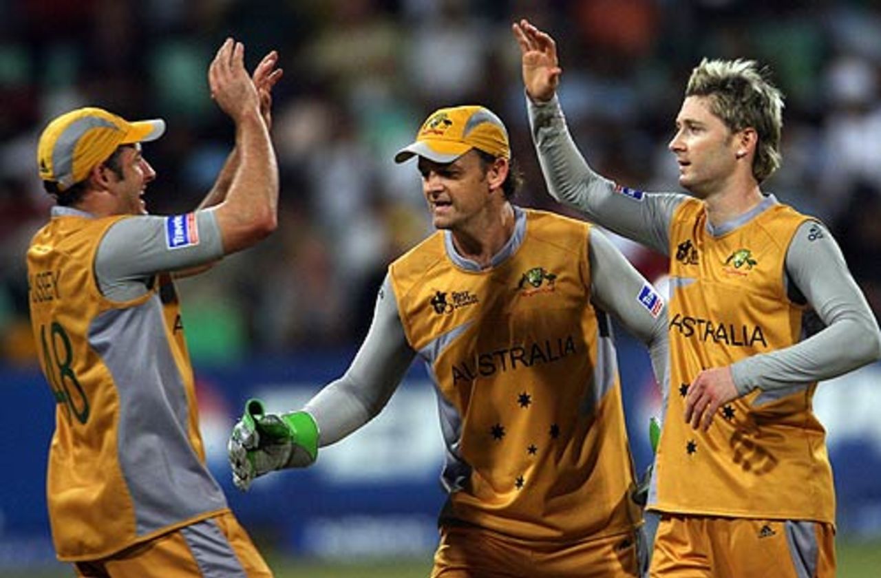 Michael Hussey, Adam Gilchrist and Michael Clarke celebrate a wicket, Australia v India, 2nd semi-final, ICC World Twenty20, Durban, September 22, 2007