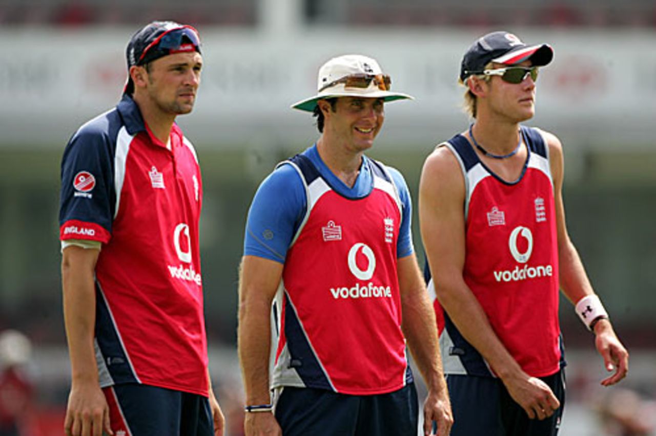 Who will it be? Michael Vaughan is flanked by Steve Harmison and Stuart Broad, one of whom will replace Matthew Hoggard at Colombo, Colombo, December 8, 2007