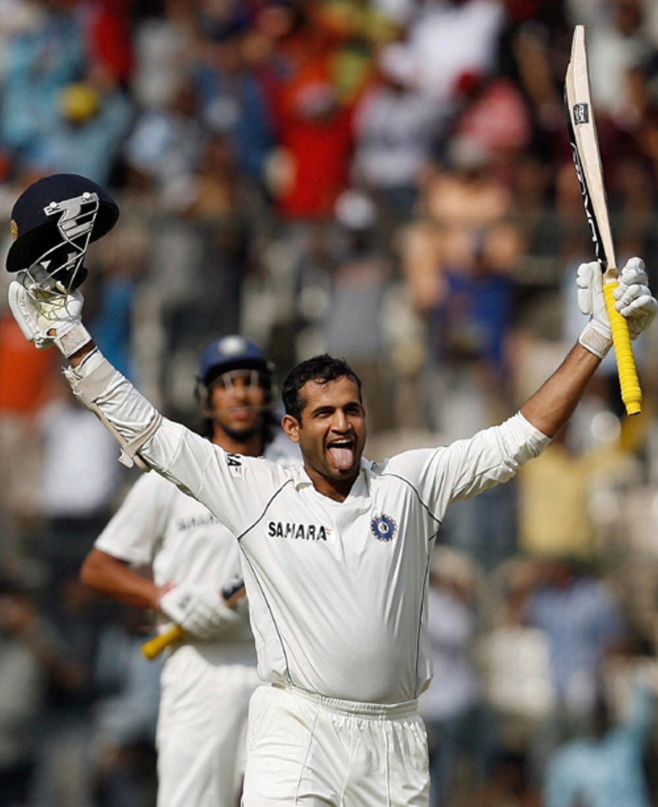 Irfan Pathan is all smiles after reaching his maiden Test century with a six, India v Pakistan, 3rd Test, Bangalore, 2nd day, December 9, 2007 