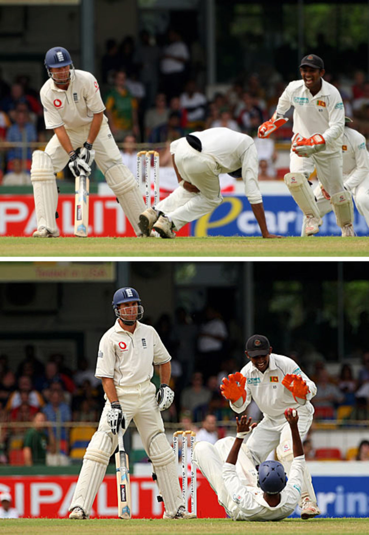 Michael Vaughan is caught by a tumbling Jehan Mubarak at short-leg, Sri Lanka v England, 2nd Test, Colombo, December 9, 2007