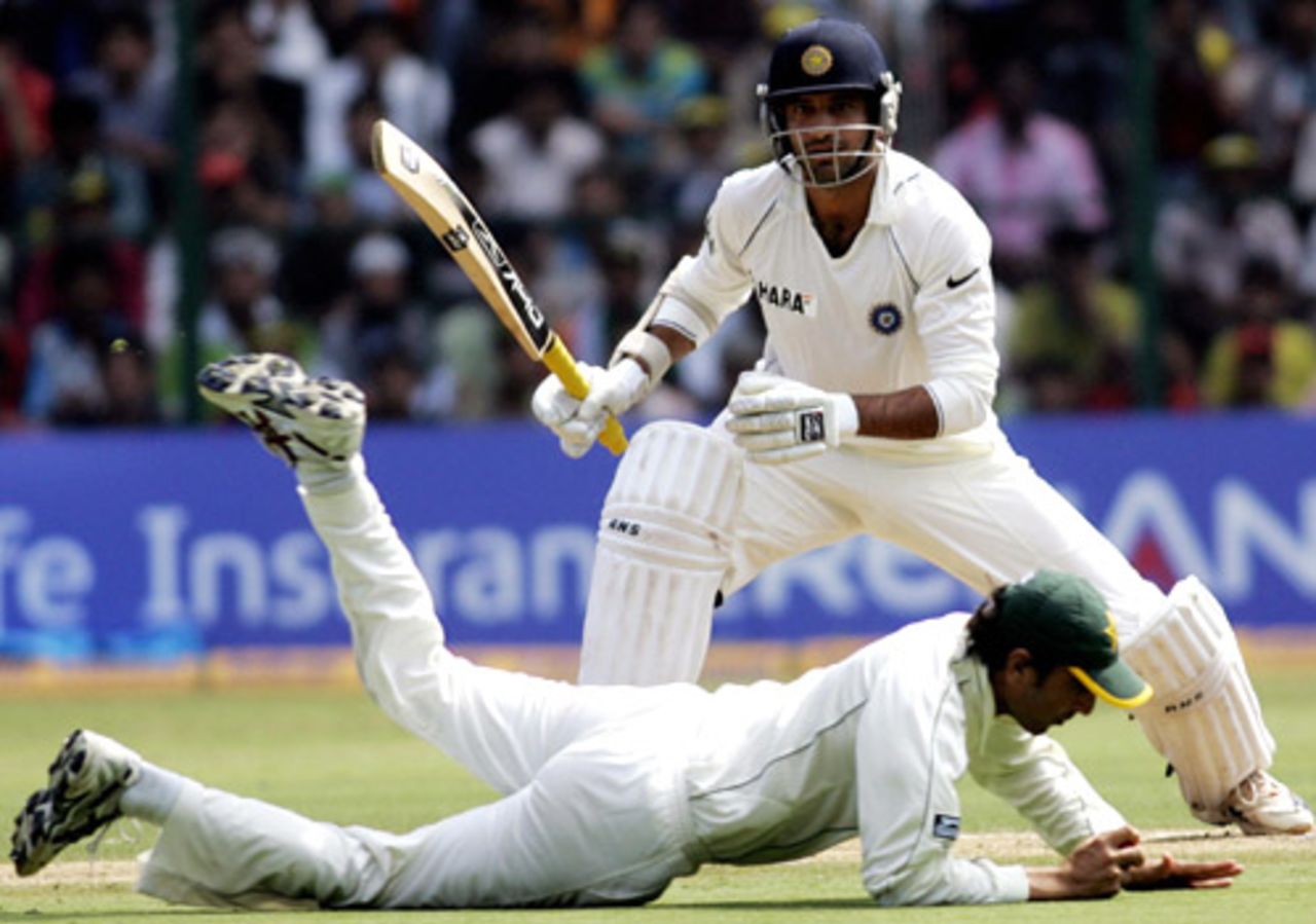 Younis Khan makes a despairing dive to stop an Irfan Pathan shot, India v Pakistan, 3rd Test, Bangalore, 2nd day, December 9, 2007
