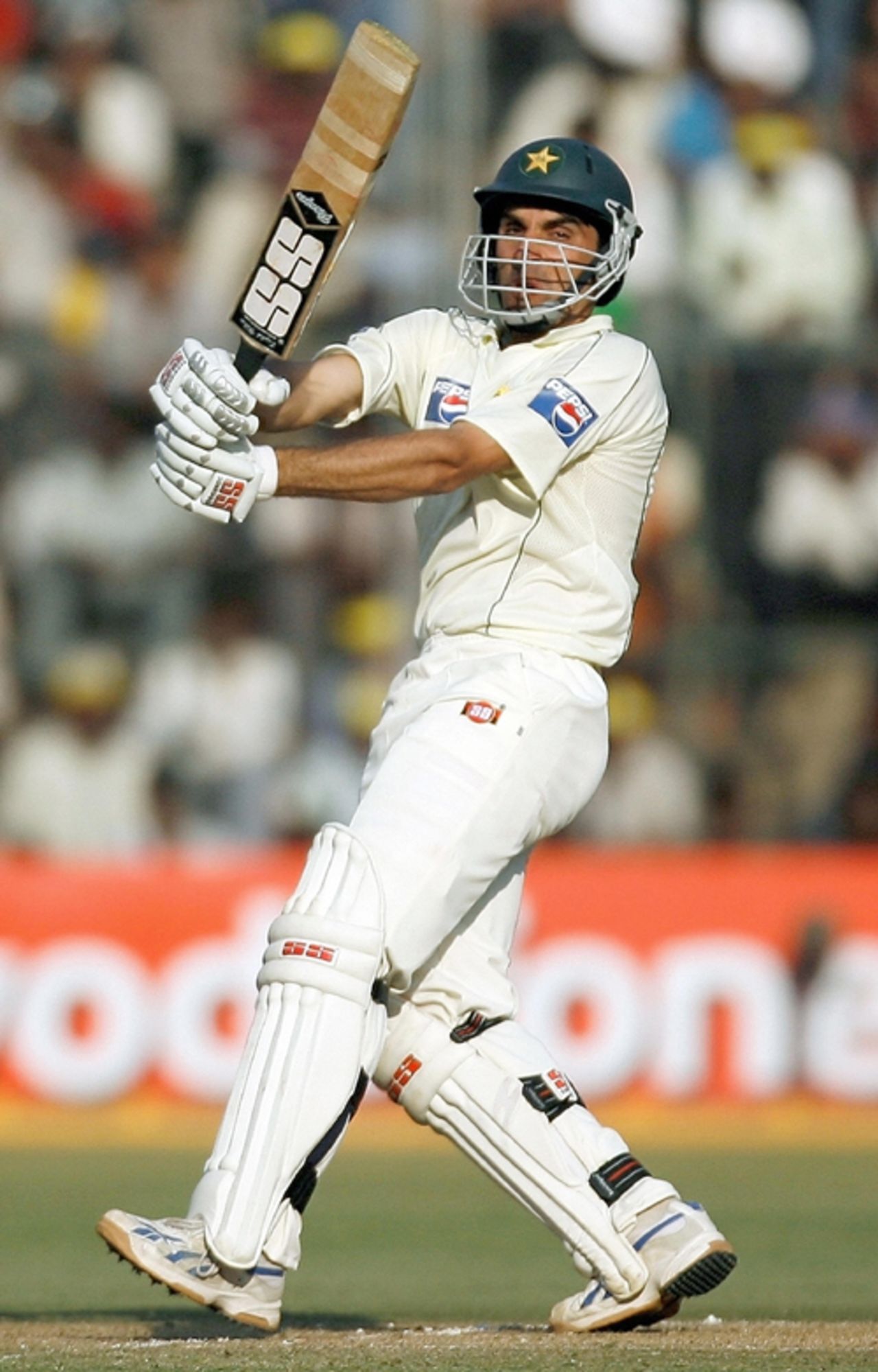 Misbah-ul-Haq powers the ball to the square leg boundary, India v Pakistan, 3rd Test, Bangalore, 3rd day, December 10, 2007
