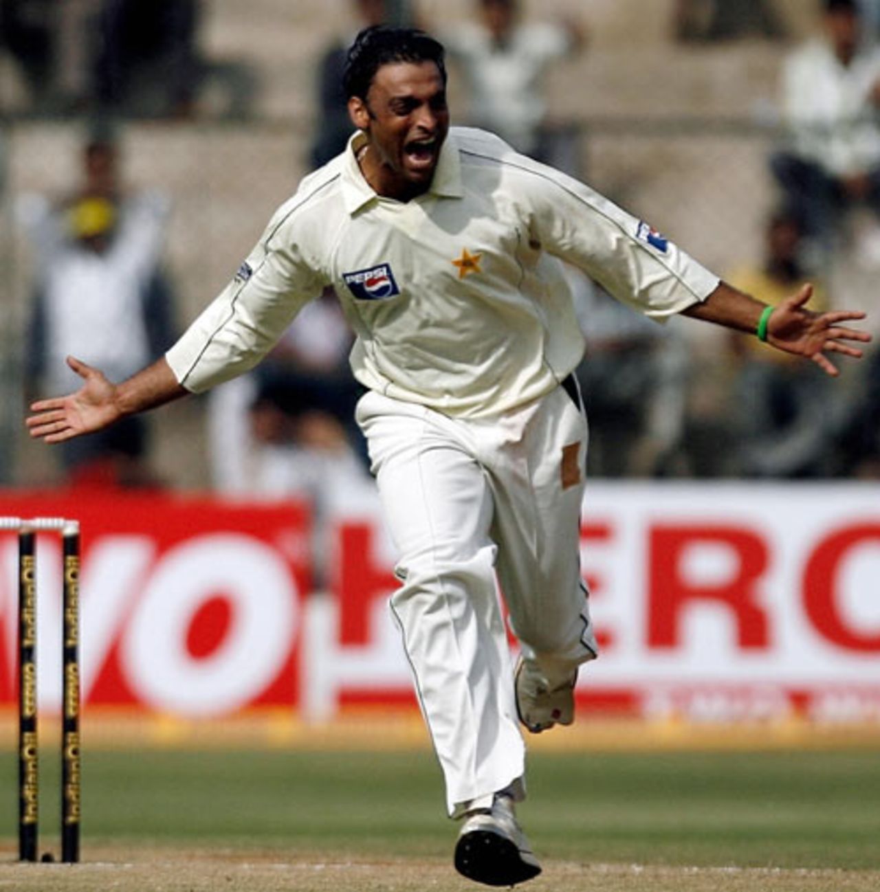 Shoaib Akhtar is cock-a-hoop after dismissing Gautam Gambhir, India v Pakistan, 3rd Test, Bangalore, 4th day, December 11, 2007 

