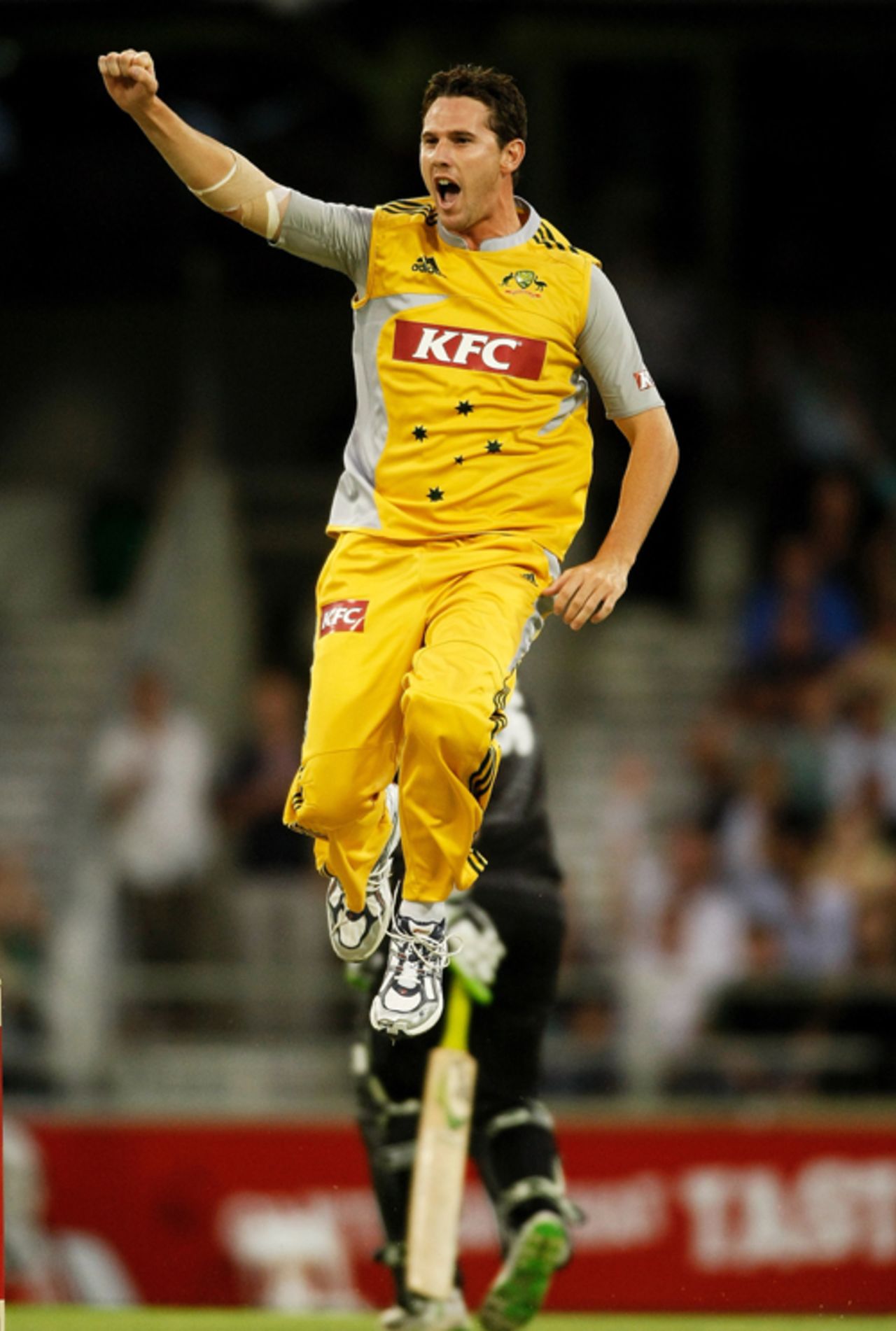 Shaun Tait, making his Twenty20 debut, celebrates one of his two wickets, Australia v New Zealand, Twenty20 International, Perth, December 11, 2007 
