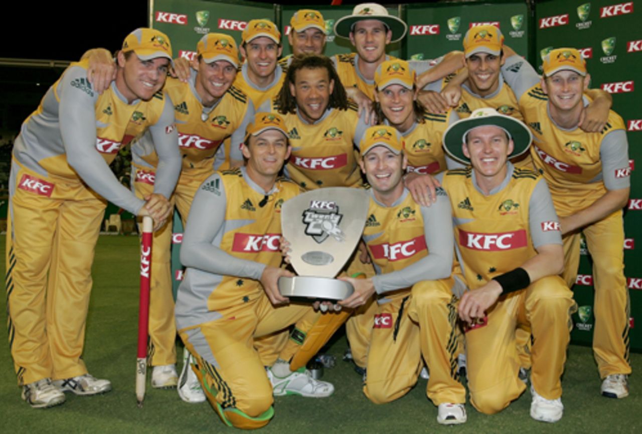 A beaming Australian team pose with the trophy, Australia v New Zealand, Twenty20 International, Perth, December 11, 2007 
