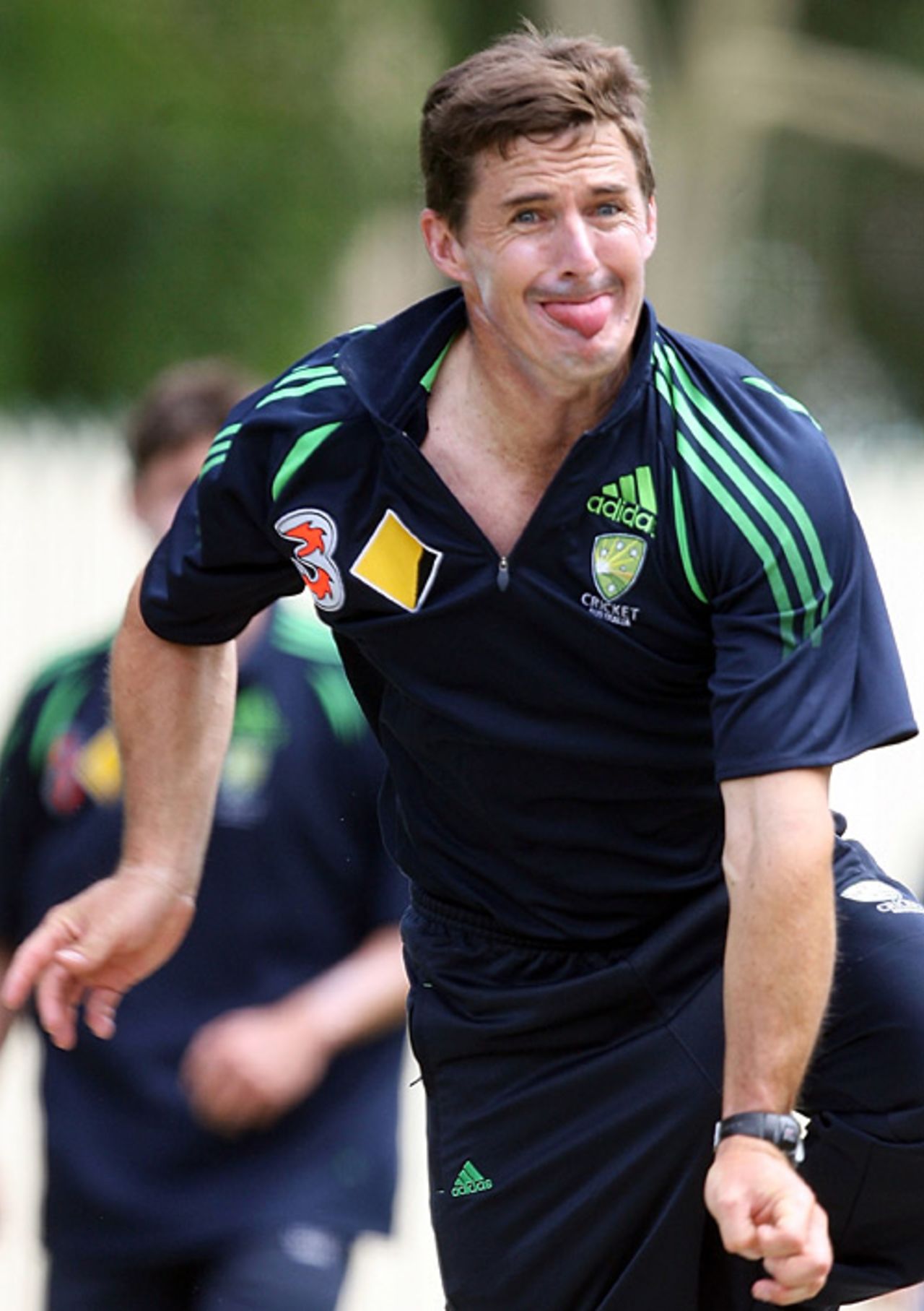 Brad Hogg and his tongue bowl during a net session, Adelaide, December 13, 2007