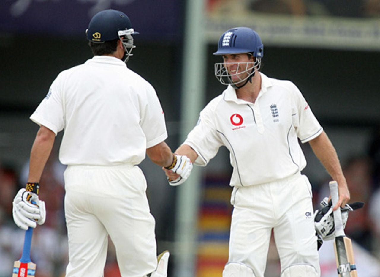 Michael Vaughan smiles and shakes hands with Alastair Cook after the pair put on 107 for the opening stand, Sri Lanka v England, 2nd Test, Colombo, December 13, 2007
