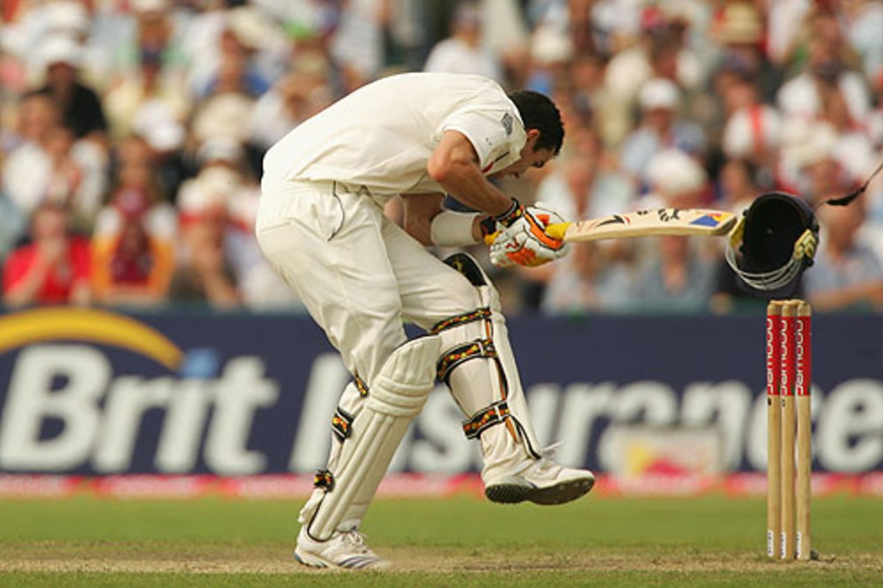 Kevin Pietersen is out hit wicket as his helmet falls onto the stumps, England v West Indies, 3rd Test, Old Trafford, June 9, 2007