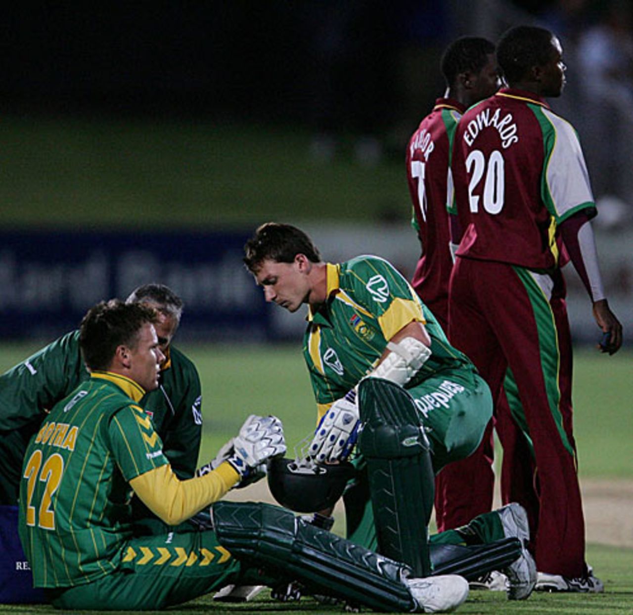 Johan Botha collects himself after he was floored by Fidel Edwards, South Africa v West Indies, 1st Twenty20, Port Elizabeth, December 16, 2007