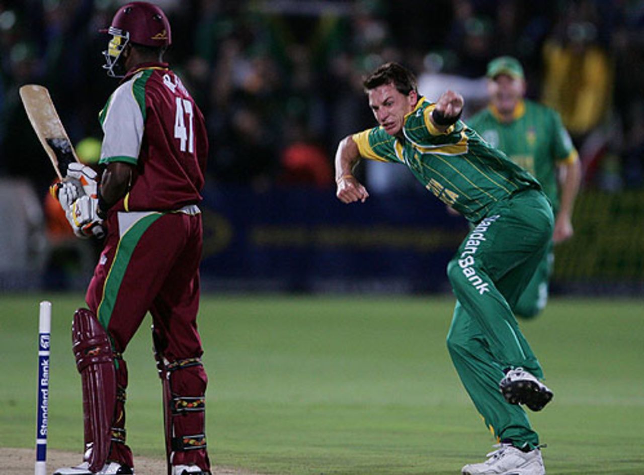 Dale Steyn punctuates his dismissal of Dwayne Bravo, South Africa v West Indies, 1st Twenty20, Port Elizabeth, December 16, 2007