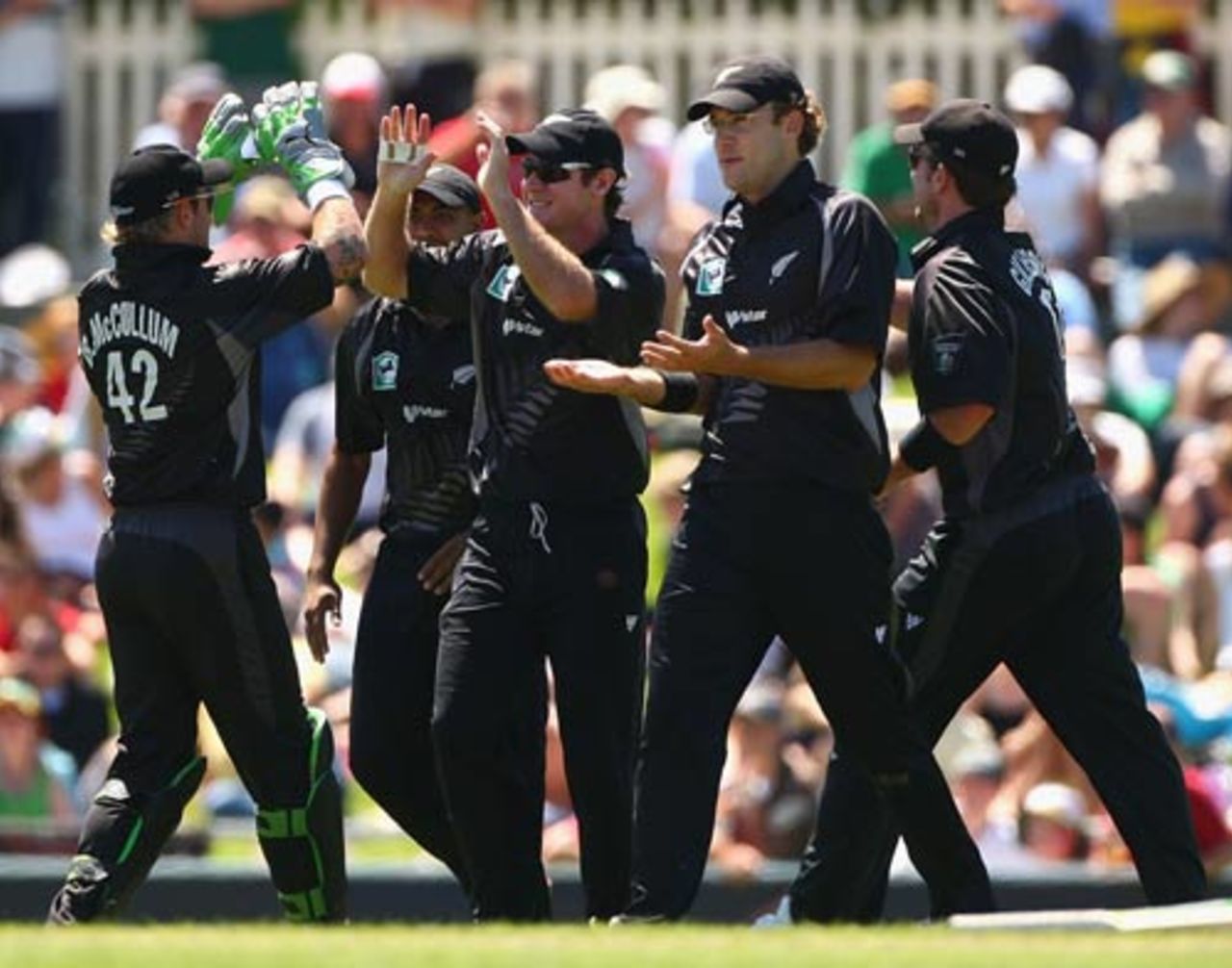 The New Zealand side celebrate a wicket, Australia v New Zealand, 3rd ODI, Hobart, December 20, 2007