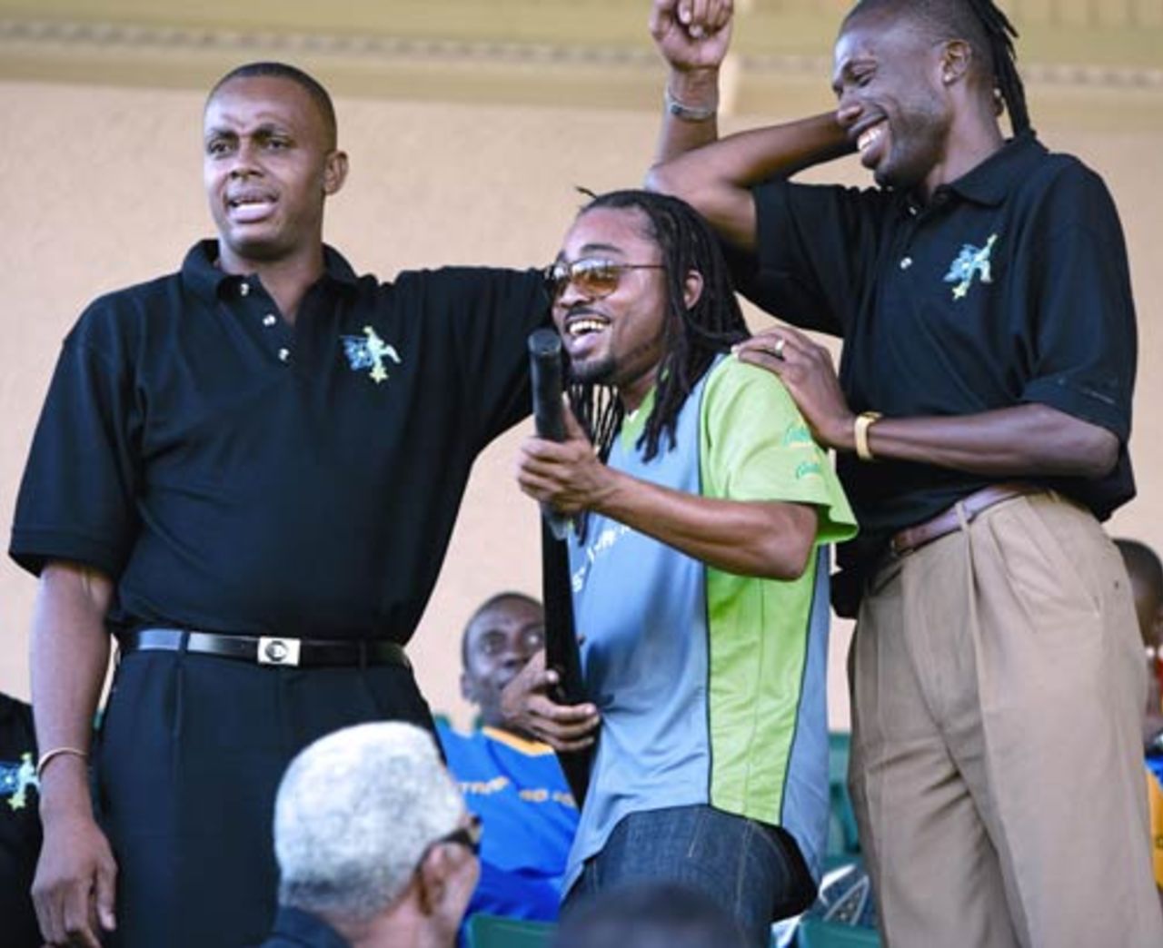 Curtly Ambrose and Courtney Walsh shoot a music video with Trinidad musician Machel Montano, Stanford Cricket Ground, Antigua, December 19, 2007