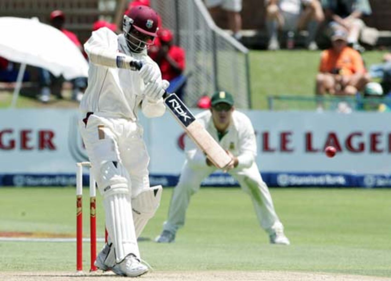 Chris Gayle creams the ball through the covers during his 49-ball 66, South Africa v West Indies, 1st Test, Port Elizabeth, 1st day, December 26, 2007 