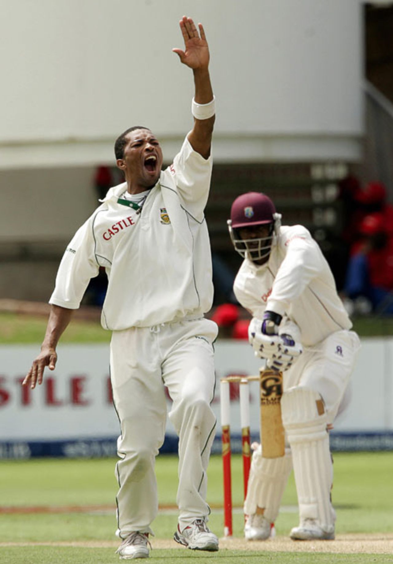 Makhaya Ntini belts out an appeal against Runako Morton, South Africa v West Indies, 1st Test, Port Elizabeth, 1st day, December 26, 2007