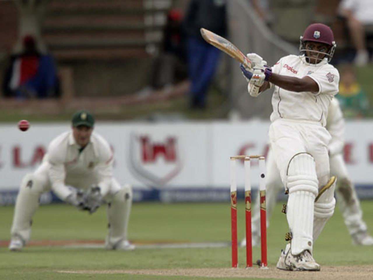 Shivnarine Chanderpaul powers the ball to midwicket, South Africa v West Indies, 1st Test, Port Elizabeth, 1st day, December 26, 2007 