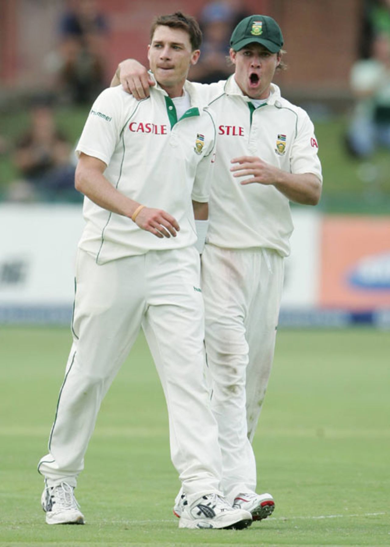 AB de Villiers congratulates Dale Steyn after he struck with the second new ball, South Africa v West Indies, 1st Test, Port Elizabeth, 1st day, December 26, 2007